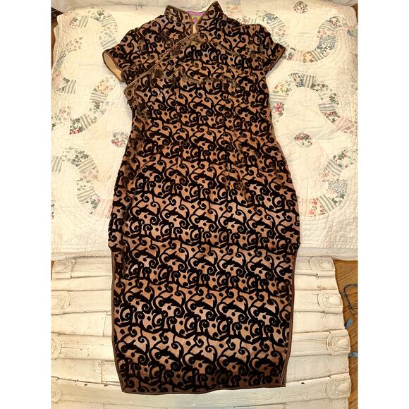 VINTAGE SHANGHAI TANG SILK BURNOUT VELVET CHEONGSAM DRESS - Picture 5 of 9